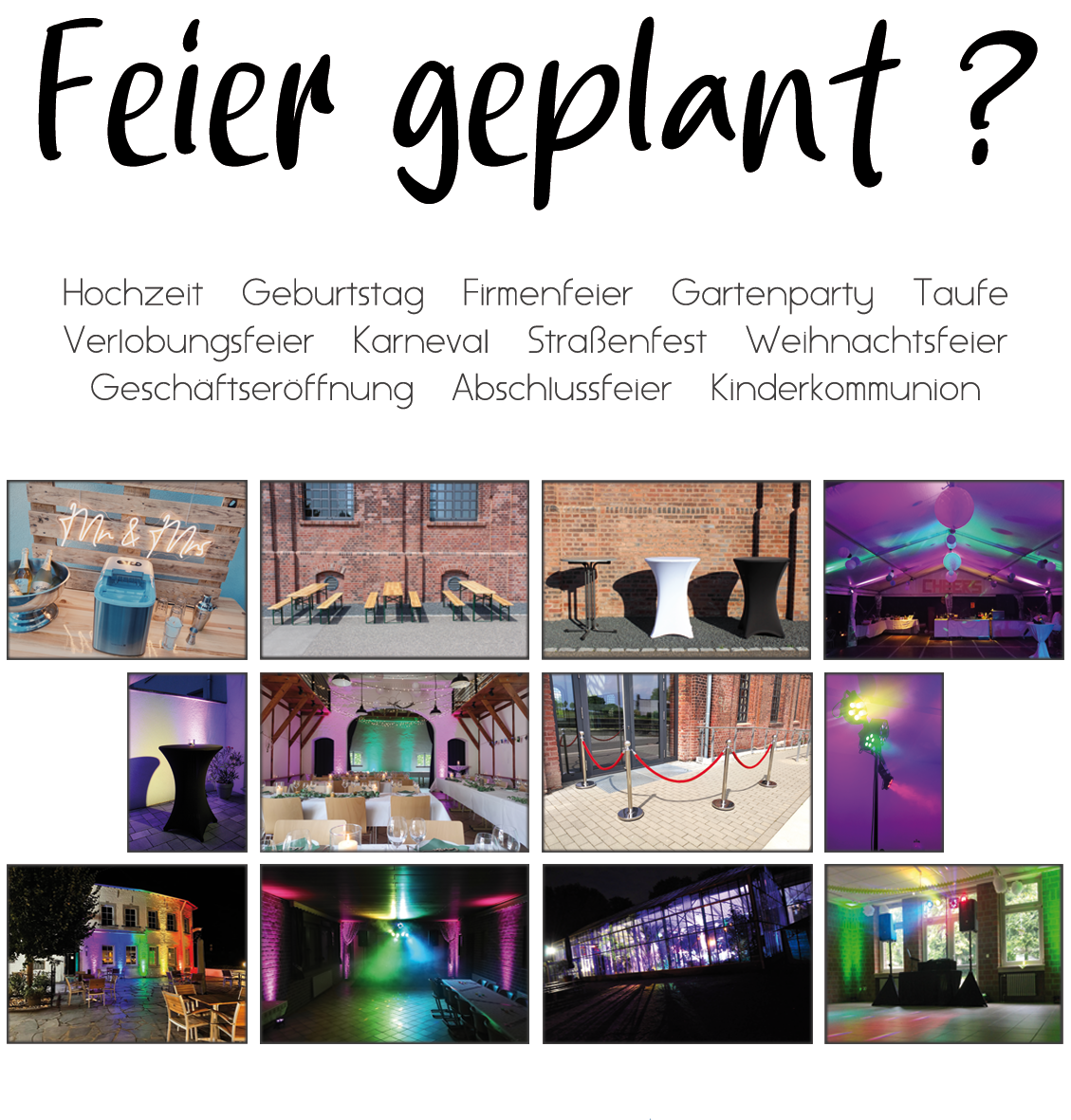 Floorspots, Stehtische, Partyzelt, Bierzeltgarnituren